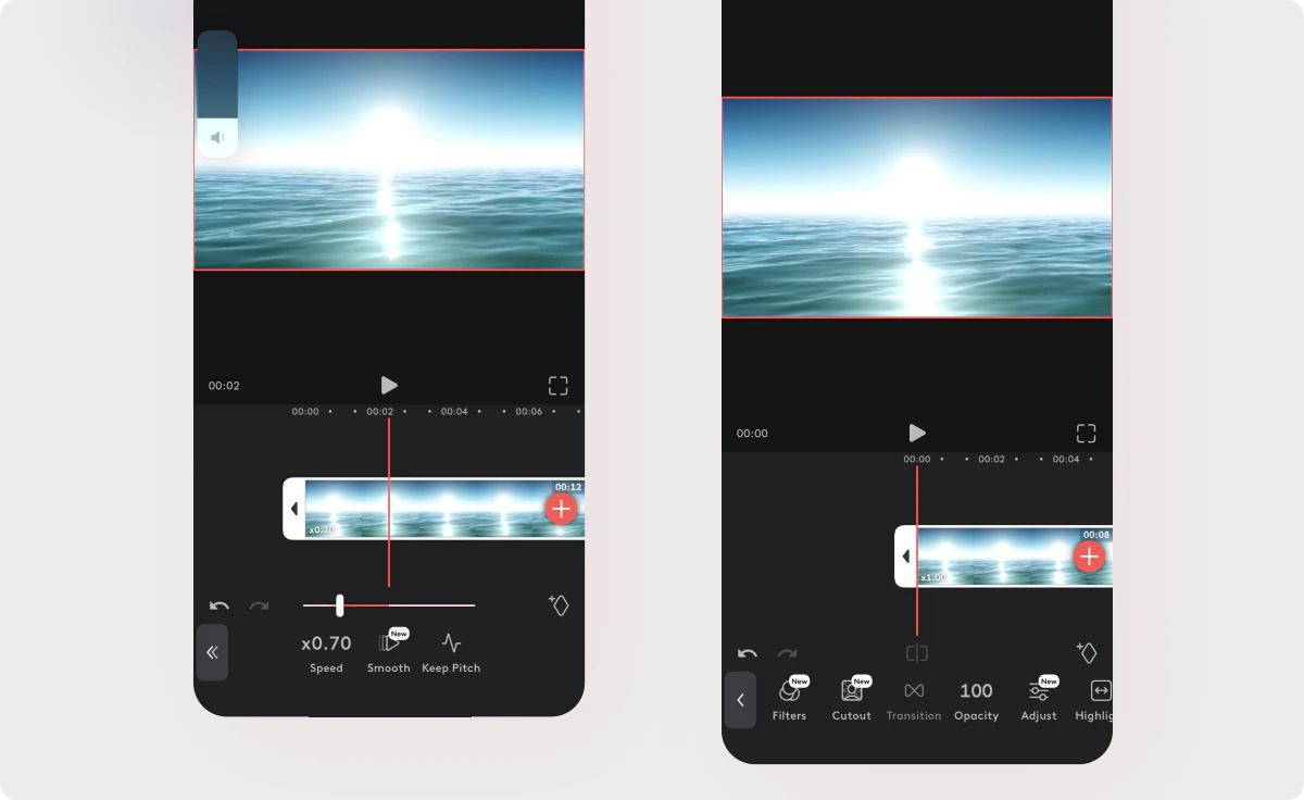 App screens showing how to use slow motion effect in videoleap